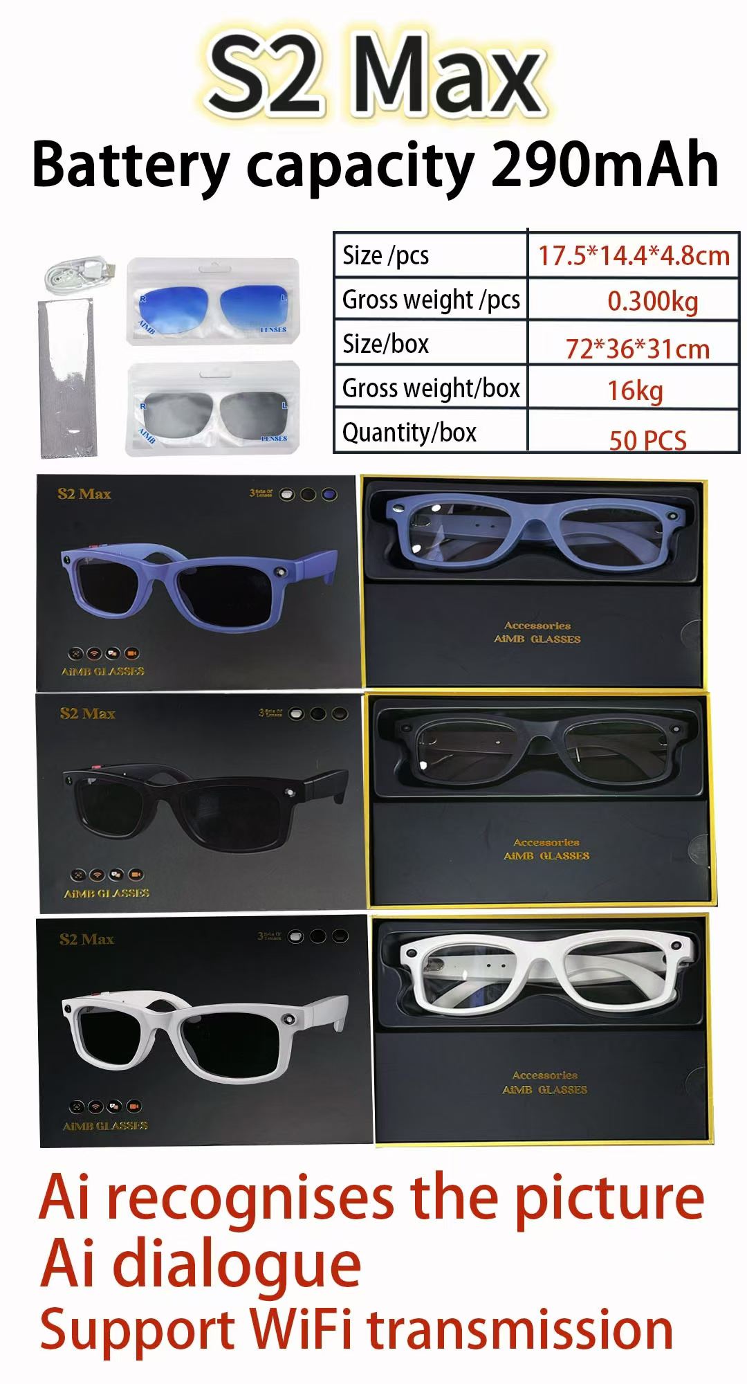 S2MAX Smart Glasses: Live Streaming, Photo Taking, Video Recording, Smart Object Recognition, Simultaneous Translation, Bluetooth Color Changing - Image 3