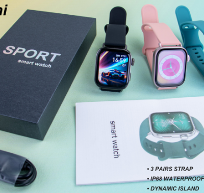 GW11Mini e-commerce smart watches in black, pink and blue with retail packaging and magnetic charging cable