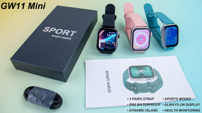 GW11Mini e-commerce smart watches in black, pink and blue with retail packaging and magnetic charging cable